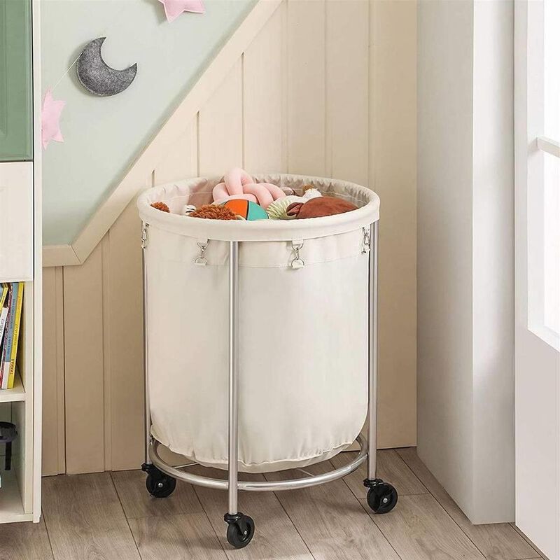 Hivvago Round 45-Gallon Laundry Basket Hamper w/ Cream Fabric Bag Steel Frame on Wheels