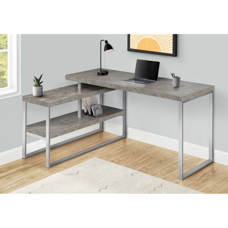 Computer Desk, Home Office, Corner, Left, Right Set-Up, Storage Shelves, 60"L, L Shape, Work, Laptop, Metal, Laminate, Grey, Silver, Contemporary, Modern
