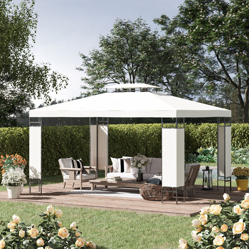 Outsunny 10' x 13' Patio Gazebo, Double Roof Outdoor Gazebo Canopy Shelter with Screen Decorate Corner Frame, for Garden, Lawn, Backyard and Deck, Cream White