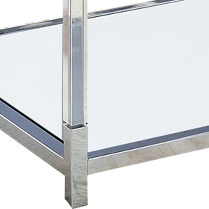 Glass Top Metal Coffee Table with Open Bottom Shelf, Silver and Clear image number 3