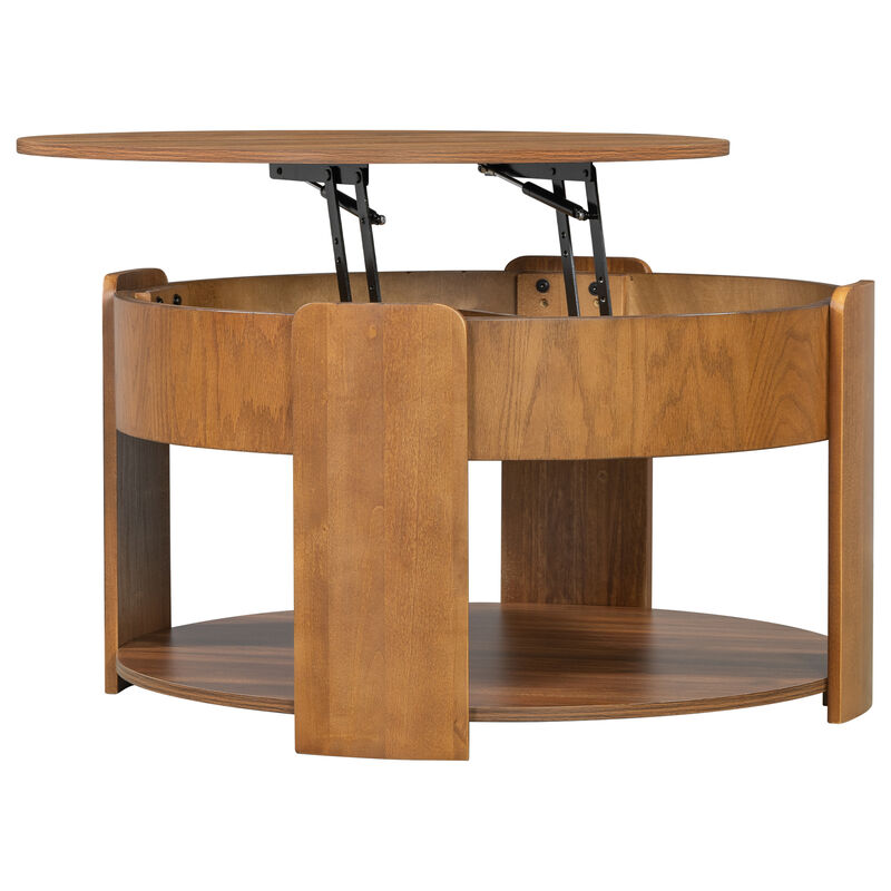 Merax Round Lift-Top Coffee Table with Hidden Storage & Bottom Shelf &ndash; Wood Grain Finish image number 4