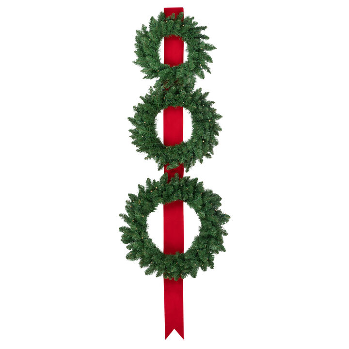 Set of 3 Pre-Lit Battery Operated Wreaths on Red Ribbon Christmas Decoration  6.5'