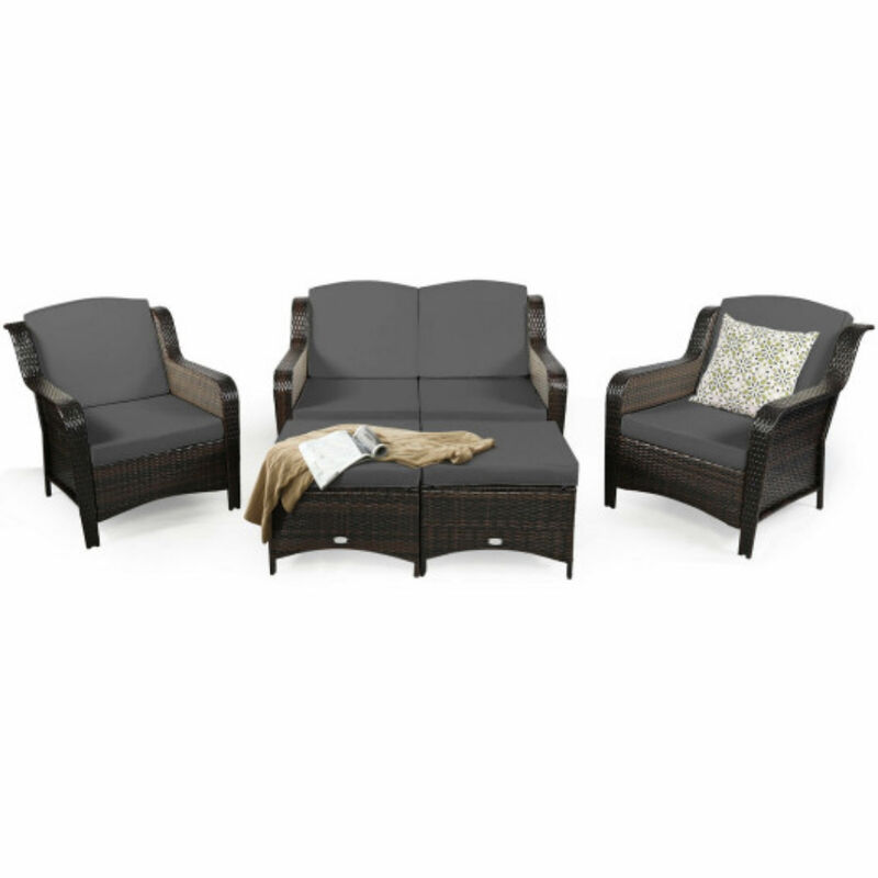 5-Piece Patio Rattan Sofa Set with Cushions and Ottoman, Comfortable Outdoor Seating image number 0