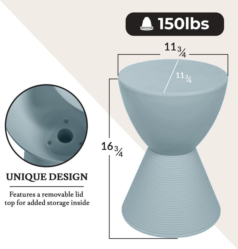 LeisureMod Modern ABS Shell Ribbed Hourglass Accent Drum Side Table with Removable Lid for Storage Indoor and Outdoor Use