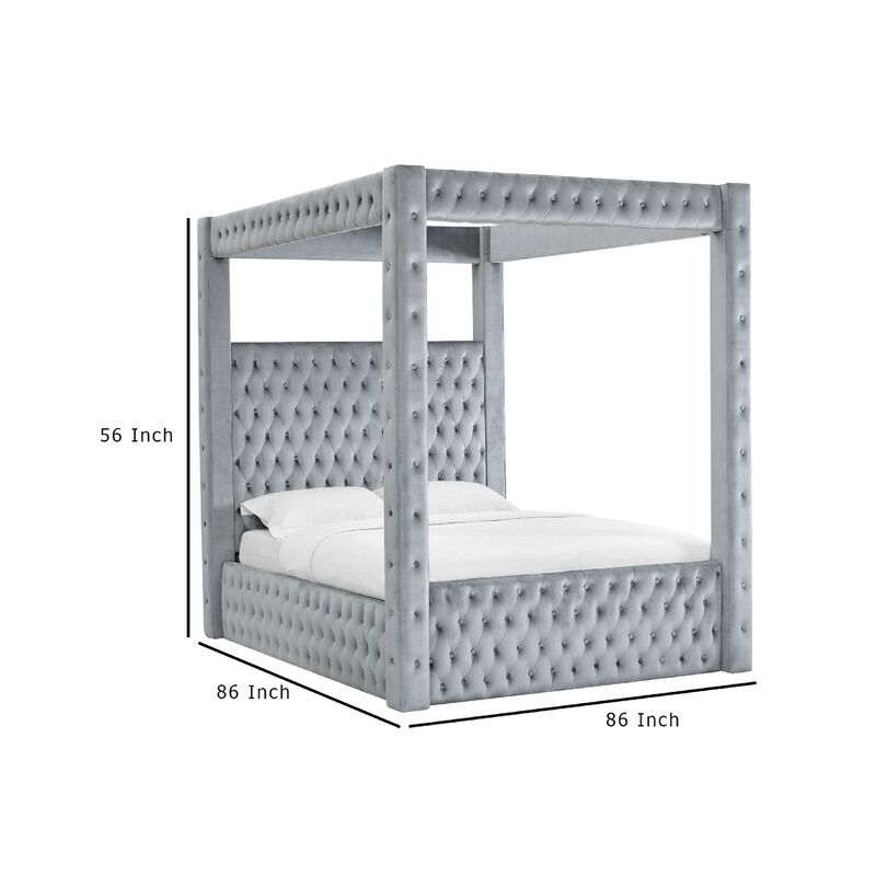 Beli King Size Canopy Bed, Tufted Design, Gray Velvet Upholstery