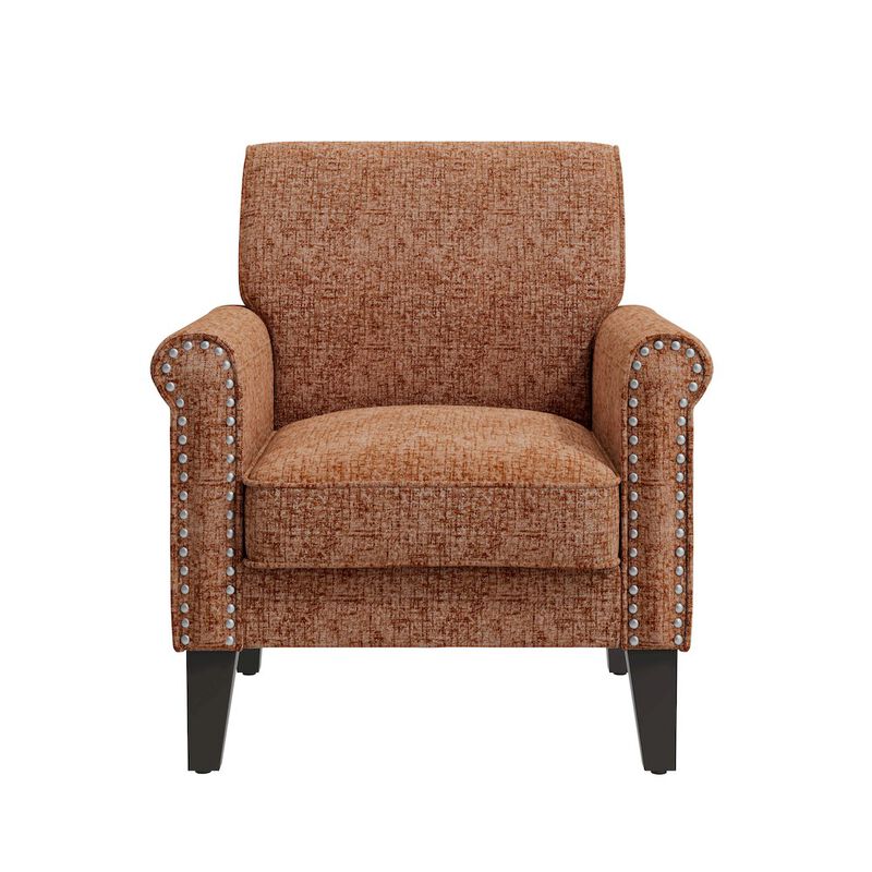 HL Home Furnishings Jean Rolled Armchairs with Nailheads in Orange Chenille