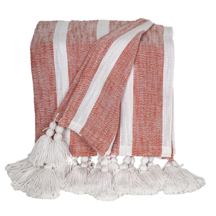 HomeRoots 50" X 60" Rust Woven Cotton Striped Throw Blanket with Tassels