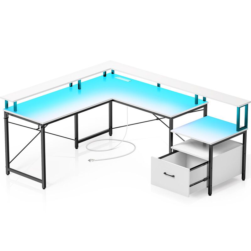Rolanstar Computer Desk with File Drawer, 68 L Shaped Desk with Power Outlet & LED Strip, L Shaped Computer Corner Desk with F