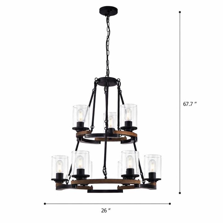ELEMENT ACE 9-Light Vintage Wagon Wheel Chandelier, Rustic Farmhouse Black Wood Ceiling Light, Adjustable Height for Dining Room Living Room Entryway Kitchen