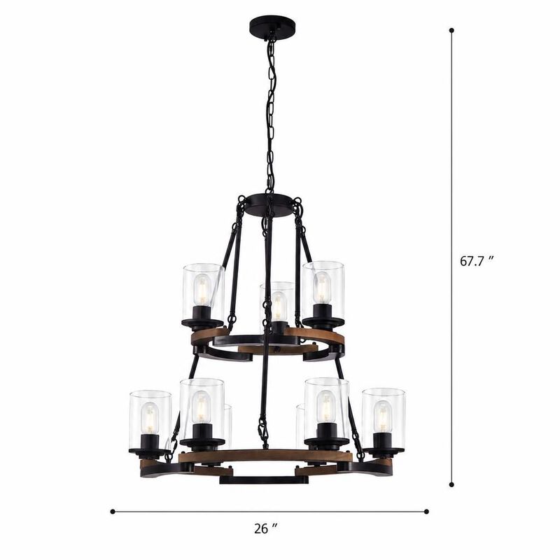 ELEMENT ACE 9-Light Vintage Wagon Wheel Chandelier, Rustic Farmhouse Black Wood Ceiling Light, Adjustable Height for Dining Room Living Room Entryway Kitchen image number 1