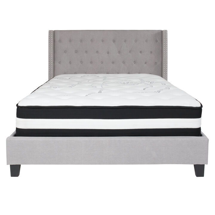 Riverdale Queen Size Tufted Upholstered Platform Bed in Light Gray Fabric with Pocket Spring Mattress