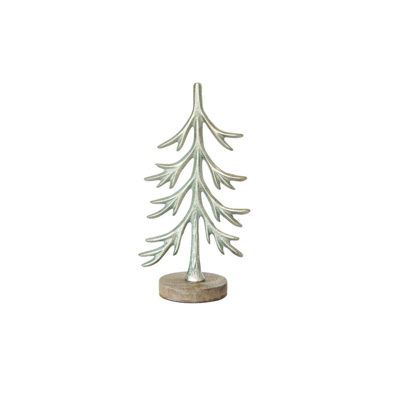 Cast Aluminum Tree with Mango Wood Base, Silver Finish image number 0