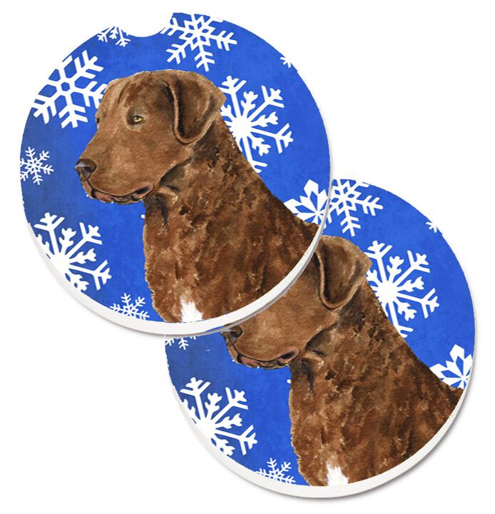 Caroline's Treasures Chesapeake Bay Retriever Winter Snowflakes Holiday Set of 2 Cup Holder Car Coasters SS4669CARC, 2.56, Multicolor