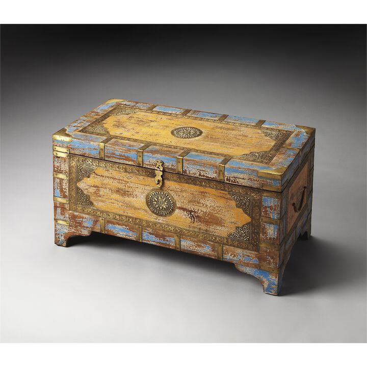 Multicolor Hand-Painted Wooden Storage Trunk Coffee Table with Brass Inlay