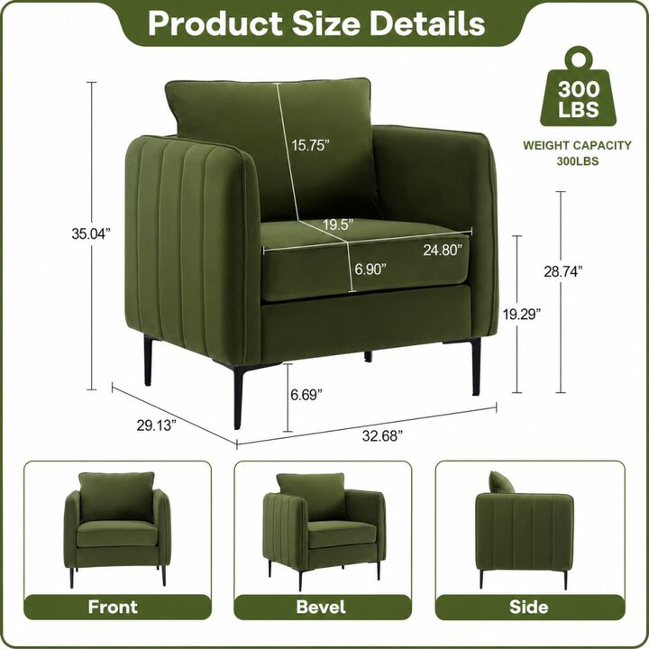 GOODSILO Mid-Century Modern Velvet Accent Chair Comfy Single Armchair with Pillow and Metal Legs for Living Room Bedroom Office