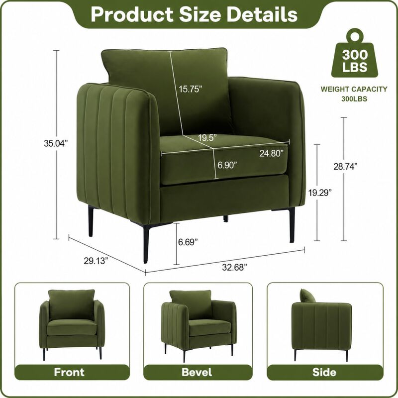 GOODSILO Mid-Century Modern Velvet Accent Chair Comfy Single Armchair with Pillow and Metal Legs for Living Room Bedroom Office image number 1