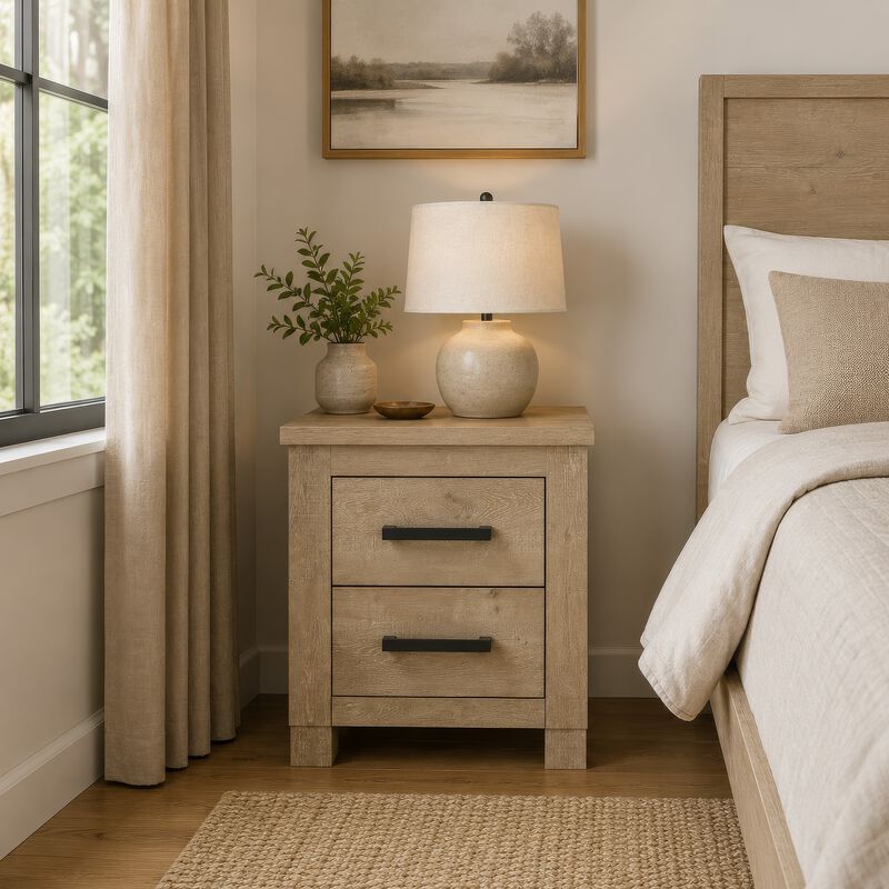 Tyna Nightstand with 2 Drawer, Black Metal, Weathered Oak Wood 26 Inch image number 8