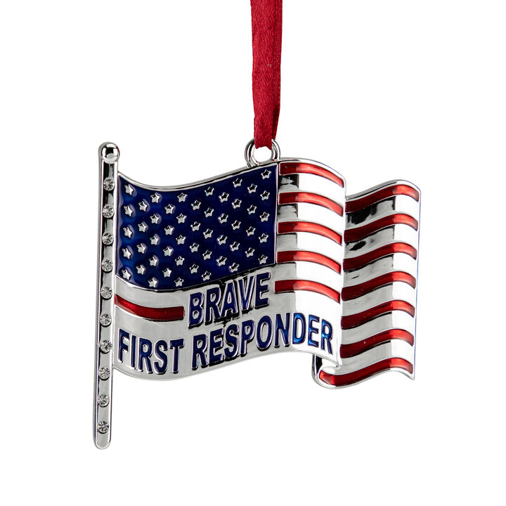 6.25" Silver Plated US First Responders Christmas Ornament with European Crystals