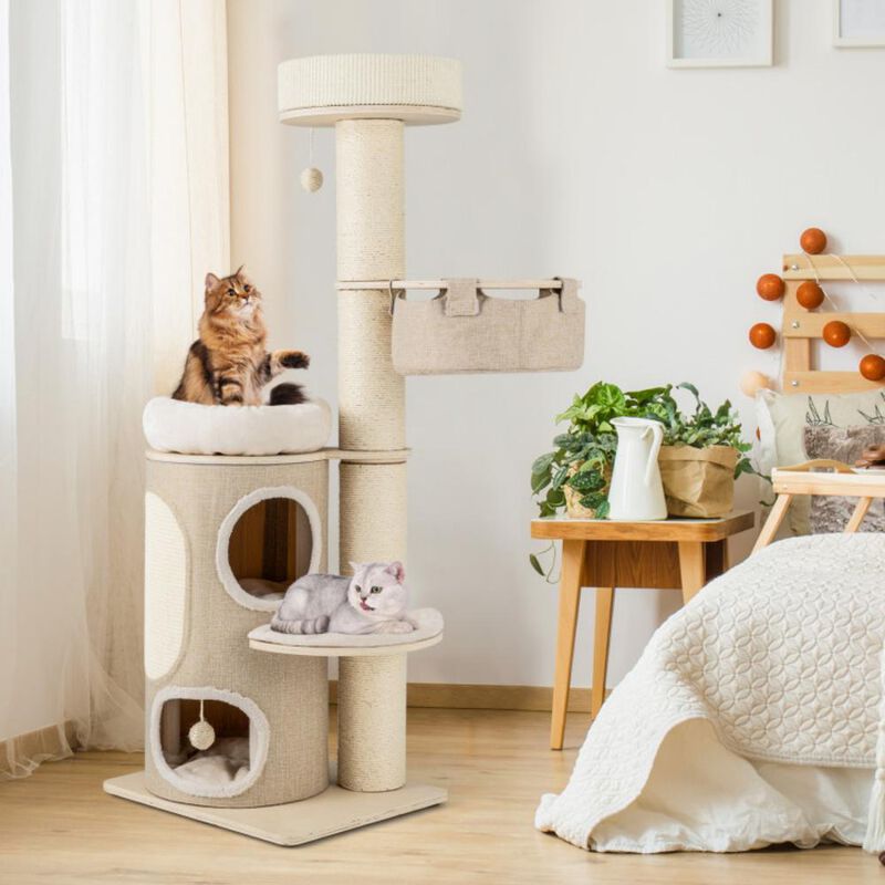 Hivvago 61 Inches Cat Tree for Indoor Cats with 2-stoery Condo and Top Perch