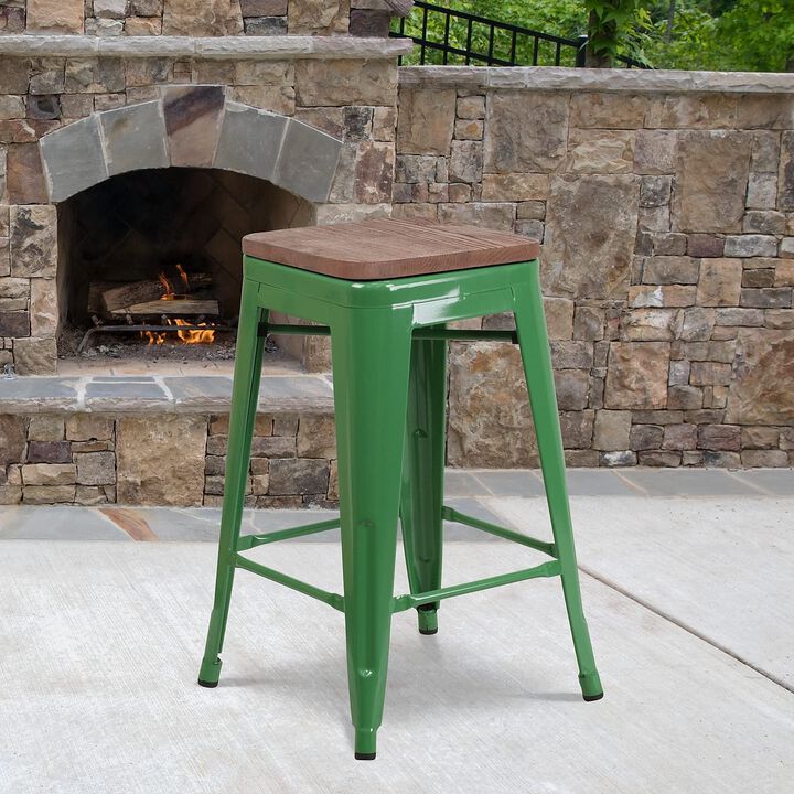 Flash Furniture Lily 24" High Backless Green Metal Counter Height Stool with Square Wood Seat