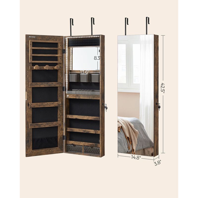 Freestanding Jewelry Armoire Organizer with LED Mirror &ndash; Lockable Storage Cabinet with Drawers, Hooks & Shelves for Bedroom