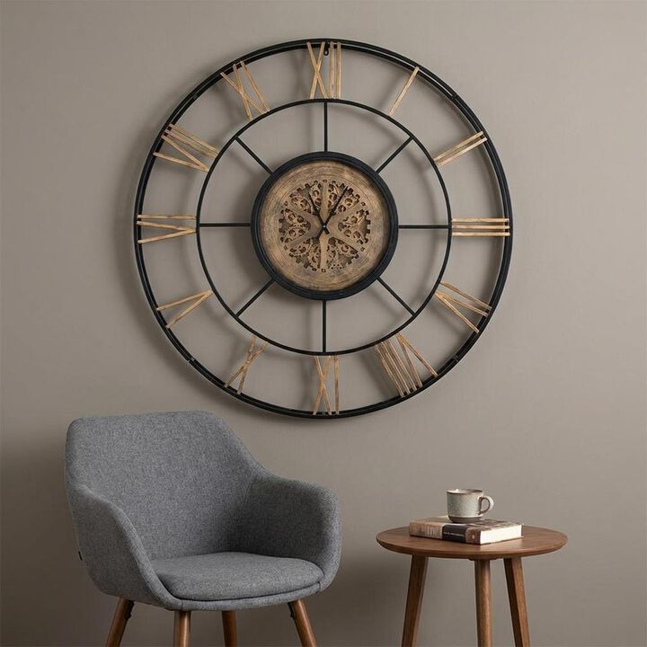 HomeRoots 56" Circle Copper Metal and Glass Analog Exposed Gear Wall Clock