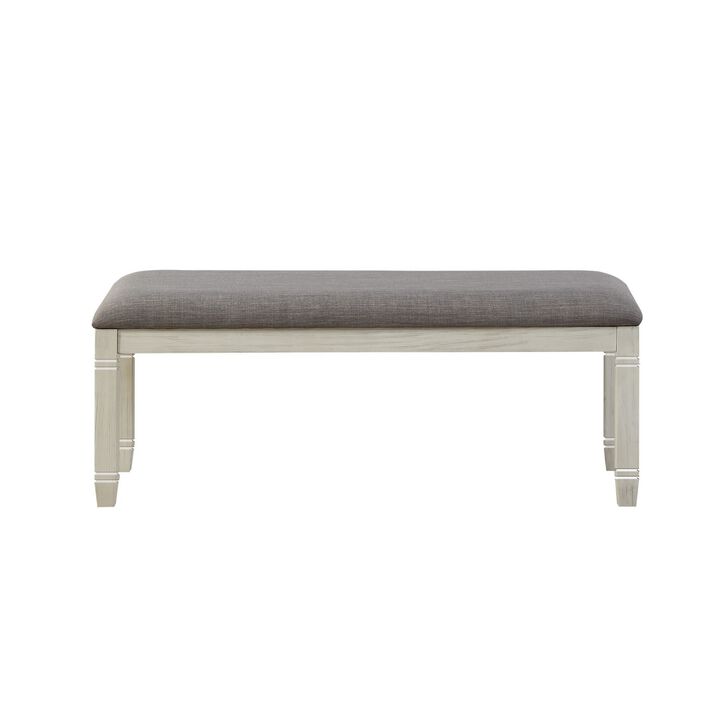 Fabric Upholstered Padded Bench with Tapered Feet, Antique White and Gray-Benzara