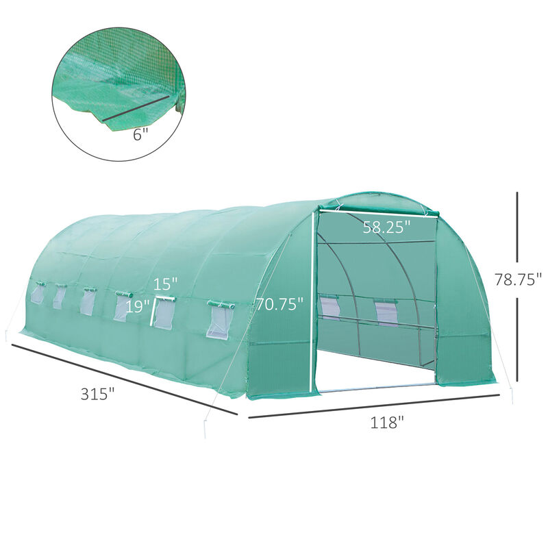 Outsunny 26' x 10' x 6.6' Walk-in Tunnel Hoop Greenhouse, PE Cover, Steel Frame, Roll-Up Zipper Door & 12 Mesh Windows for Flowers, Vegetables, Tropical Plants, Light Green