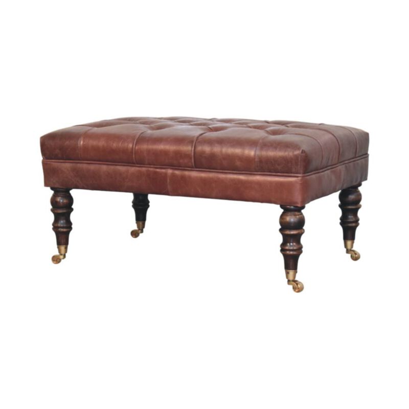 Artisan Furniture Solid Wood Leather Ottoman with Castor Legs