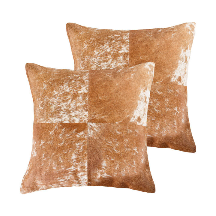 HomeRoots Set of Two 18" Brown and White Cowhide Cowhide Throw Pillows