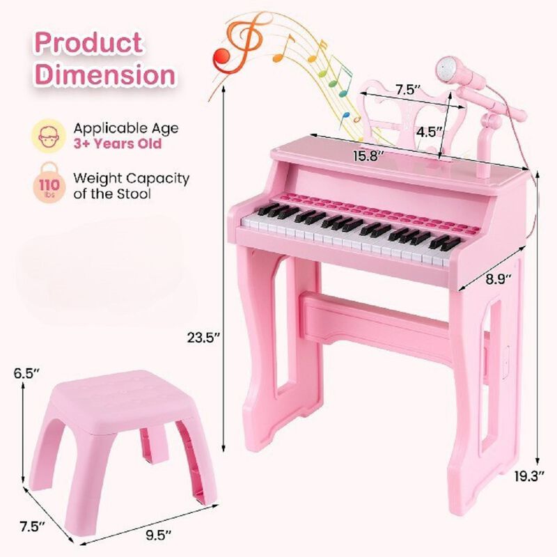 37 Key Children&rsquo;s Piano Keyboard with Microphone and Removable Music Stand image number 2