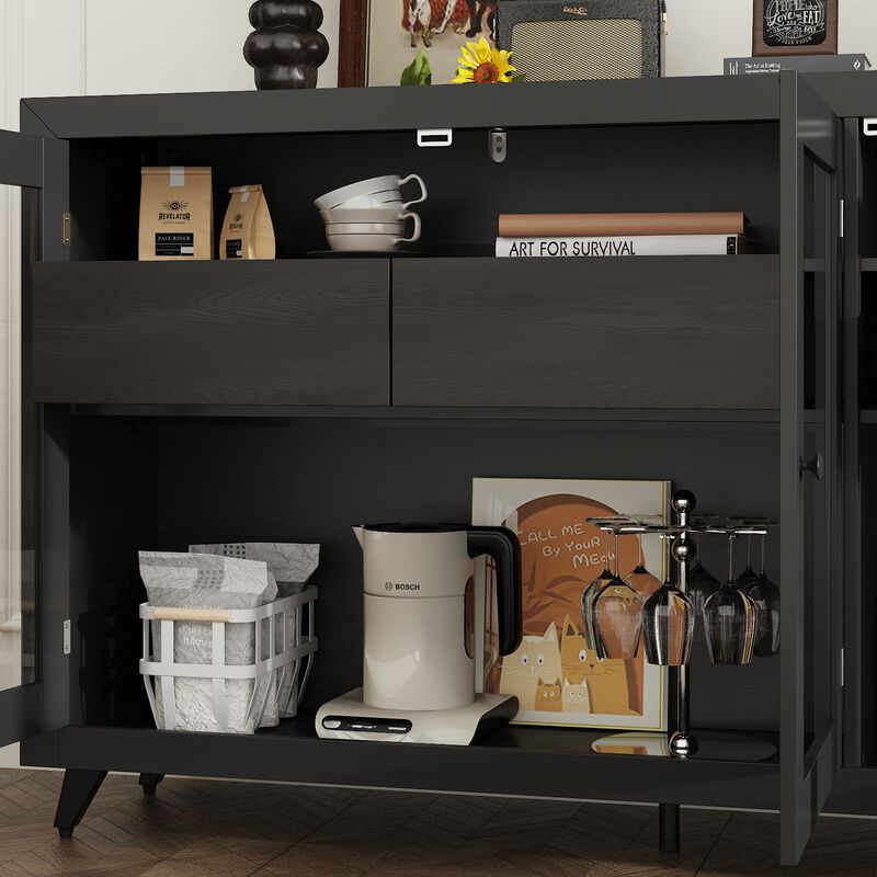 FUFU&GAGA Modern Sideboard with Glass Doors and Storage Drawers, Multi-Functional Buffet Cabinet, (59" W x 15.7" D x 35.4" H), Black