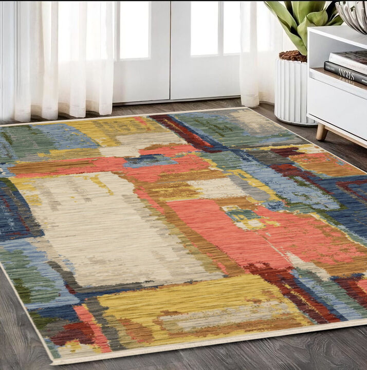 HomeRoots Abstract Area Rug With Fringe