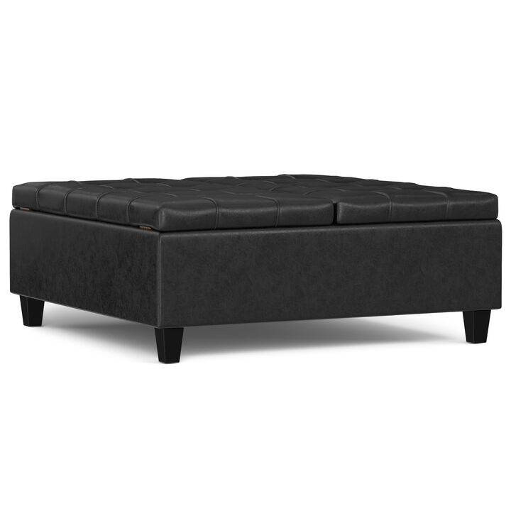 Harrison 40 inch Wide Transitional Square Large Coffee Table Storage Ottoman in Distressed Black Vegan Faux Leather, Assembled