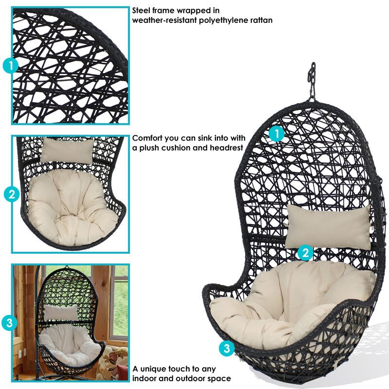 Sunnydaze Black Resin Wicker Basket Hanging Egg Chair with Cushions