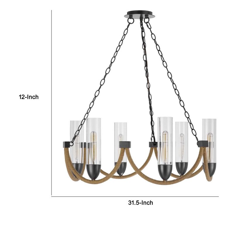 Arga 6 Light Chandelier, Glass Shade, Rope Arms, Bronze Metal 12 Inch image number 7