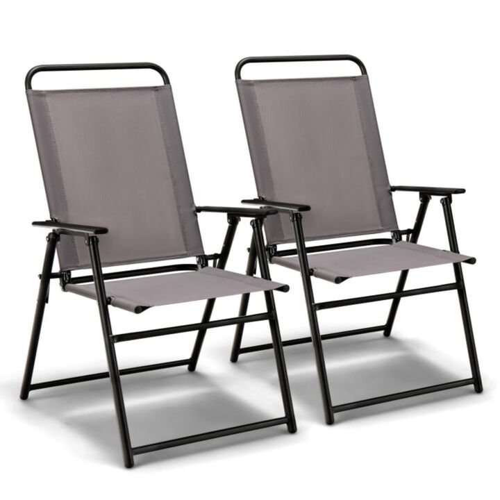 Hivvago Set of 2 Outdoor Folding Sling Chairs with Armrest and Backrest-Gray