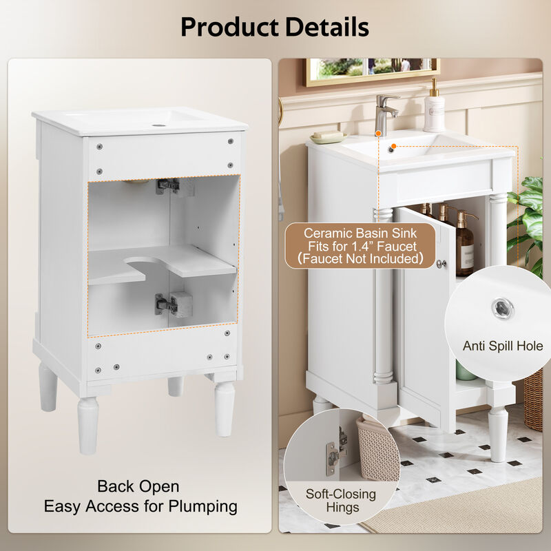 ELEMENT ACE 18 Inch Compact Bathroom Vanity Cabinet with Integrated Ceramic Sink, Adjustable Interior Shelf, Soft Closing Hinges Ideal for Small Bathroom Spaces image number 6