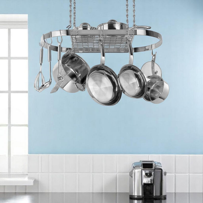 Sleek Stainless Steel Oval Ceiling Hanging Pot Rack for Kitchen Storage