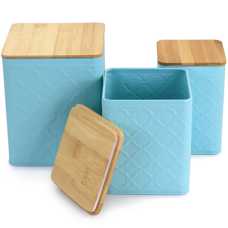 MegaChef 3 Piece Square Iron Kitchen Canister Set with Bamboo Lids in Turquoise