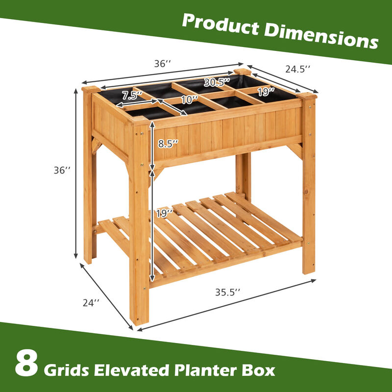 8 Grids Wood Elevated Garden Planter Box Kit with Liner and Shelf