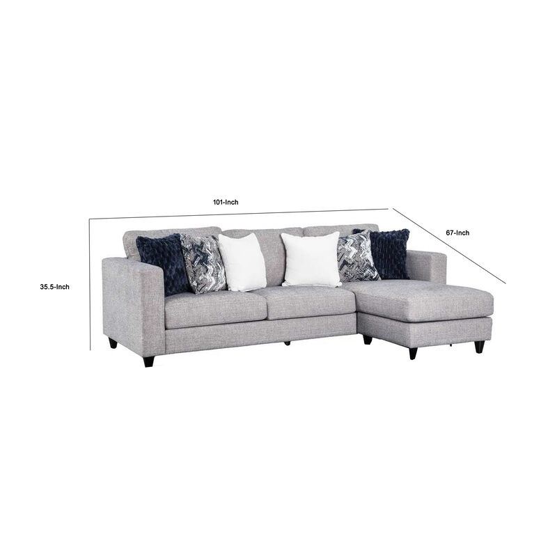 Harie Sectional Sofa with Chaise, 6 Pillow, Light Gray Chenille, 101in - Benzara