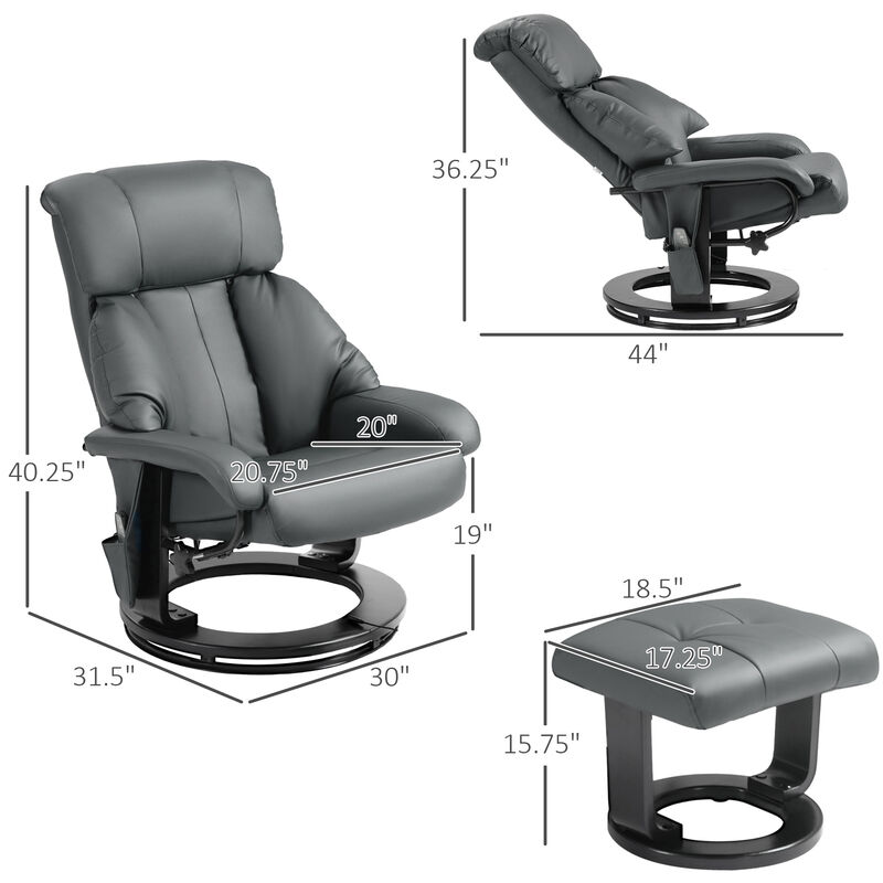 HOMCOM Massage Recliner Chair with Ottoman, 360° Swivel Recliner and Footstool, PU Leather Reclining Chair with Side Pocket and Remote Control, Gray