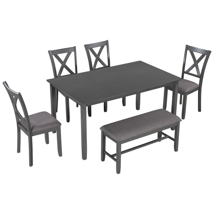 6-Piece Kitchen Dining Table Set Wooden Rectangular Dining Table, 4 Fabric Chairs and Bench Family Furniture