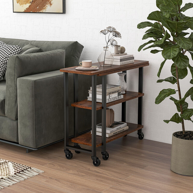 360� Rotating Sofa Side Table with Storage Shelves and Wheels