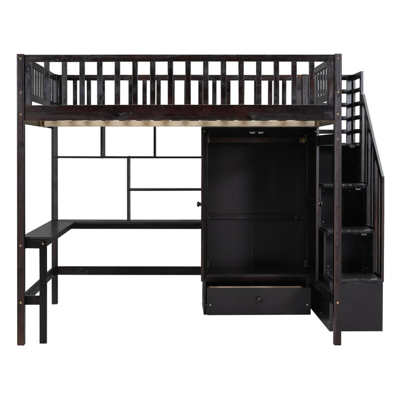 Whisen Full size Loft Bed with Bookshelf,Drawers,Desk,and Wardrobe