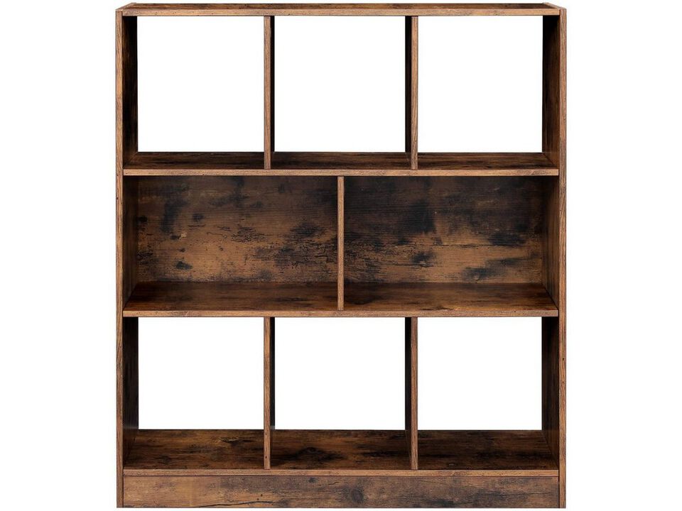 6 Open Shelves Wooden Bookcase with 2 Compartments, Rustic Brown - Benzara