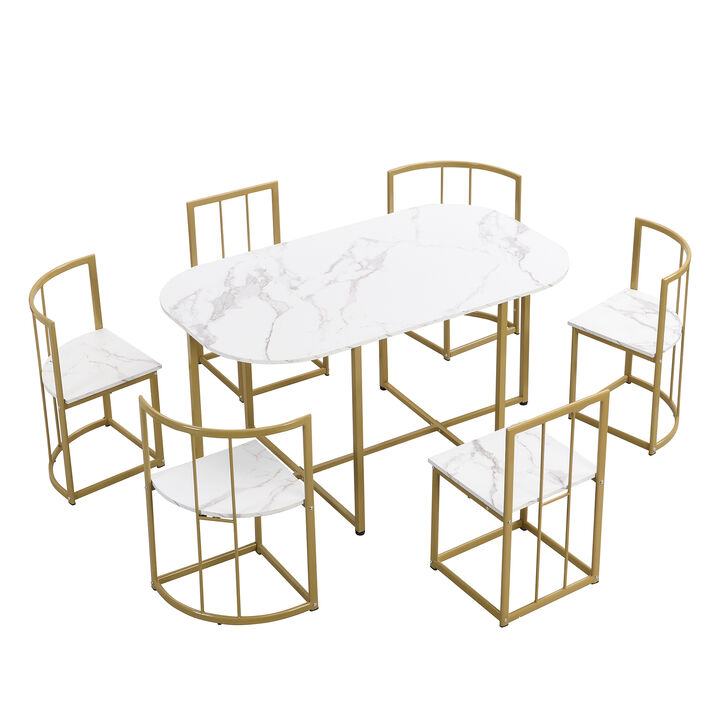 Whisen Modern 7-Piece MDF and Faux Marble Top Dining Table Set with 6-Chairs - Golden/White