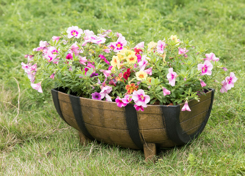 Rustic Wood- Look Plastic Half Barrel Flower Pot Garden Planter, Pack of 2