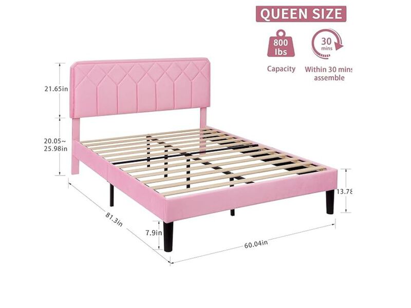 Queen Size Bed Frame Premium Velvet Upholstered Platform With Height Adjustable Headboard/Mattress Foundation, Solid Wooden Slat Support, No Box Spring Needed/Easy Assembly